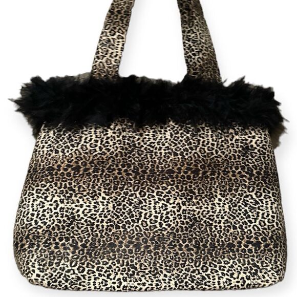 Leopard Print Tote Bag Purse Small Faix Fur Shoulder Bag Feather Fringe - Picture 1 of 8